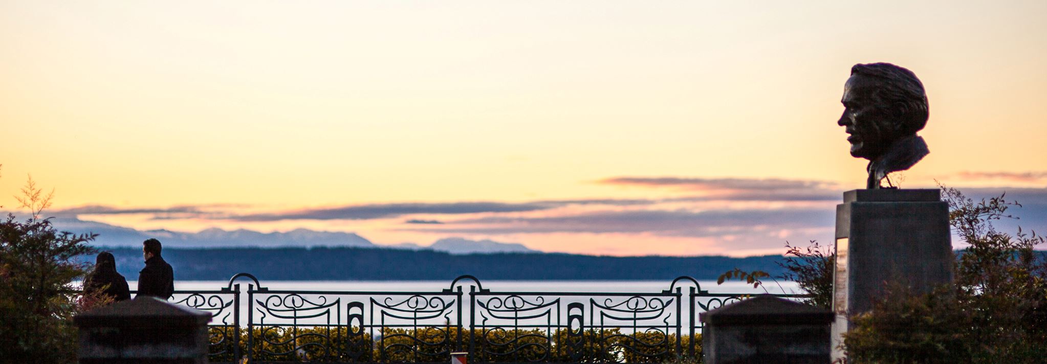 Sunset over Grand Avenue Park including the bust of Senator Henry "Scoop" Jackson.